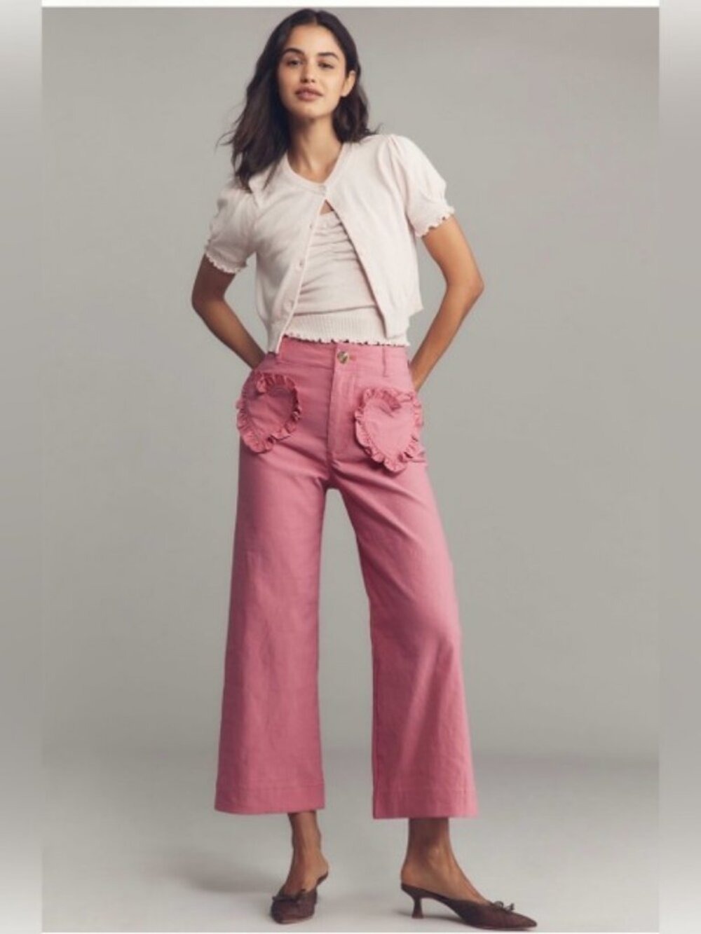 Maeve Colette Linen Pants Ruffle Heart Pockets Pink Wide Leg High Rise 22W